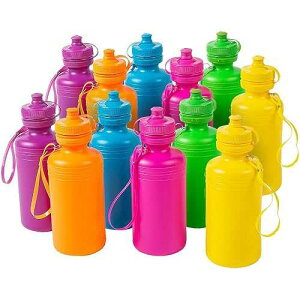 Fun Express Kids Water Bottles Bulk 12 Pack - Plastic 18 oz Leak Proof Squeeze Bottles with Pop Top Lids & Straps | Perfect for School, Sports Teams, Birthday Parties & Fundraising Events