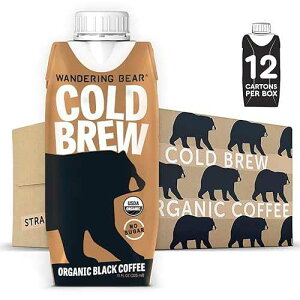 Wandering Bear Straight Black Organic Cold Brew Coffee On-the-Go - Extra Strong, Bold, Smooth, Unsweetened, Shelf-Stable, Ready to Drink, 100% Organic Iced Cold Brewed Coffee Drink -11 fl oz, 12 pack
