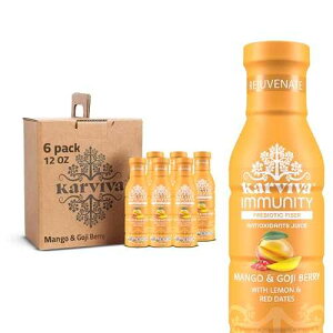 KARVIVA Immunity Organic Juice, Ancient Beauty Tonic, Mango & Goji Berry, Natural Electrolytes & Antioxidants, Low Sugar, Low Carlories, 12 fl oz Bottles (6 Pack)
