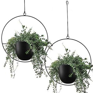 ABETREE 2 Pcs Hanging Planters for Indoor and Outdoor Plants with Hooks and Chains, Metal Modern Wall Ceiling Planter Hangers Minimalist Flower Pot Holder Basket for Home Decor(Black)