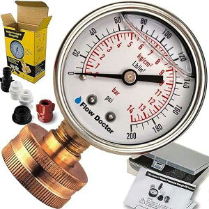 Flow Doctor Water Pressure Glycerin Filled Gauge Kit, All Purpose, 6 Parts Kit, 0 To 200 Psi, Standard 3/4 Female Garden Hose Thread Plus 5 Adapters To Test in Multiple Locations Indoors and Outdoors