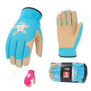 Vgo... 2-Pairs Age 5-6 Kids Gardening Gloves,Children Yard Work Gloves,Soft Safety Outdoor Playing Gloves (Size M,Blue&Purple Rabbit, KID-SL7362)