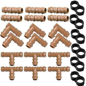JAYEE 24P Drip Irrigation Fittings Kit for 1/2 Tubing (.600 ID), 17mm Parts- 6 Tees, 6 Couplings, 6 Elbows,6 End Cap Plugs- Barded Connectors for Rain Bird Pipe and Sprinkler Systems (24 Pieces Set)