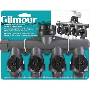 Gilmour Heavy Duty 4 Way Garden Hose Splitter, Quad Water Hose Splitter with Shut Off Valve, Polymer Water Manifold