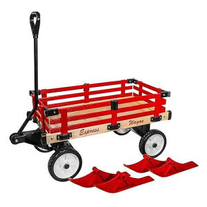 Millside Convertible Wood Wagon Cart with 4 Flat-Free Tires and Sleigh Runners for Outdoor Hauling Through Snow, Red, 16 x 34