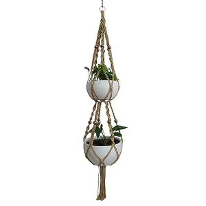 Hanpo 1 PCS 6 Legs Macrame Plant Hanger Jute Double Tiers Plant Hanger & Plant Holder with 6 pcs Round Brown Wood Bead, Hanging Planter 65-inches for 8 inch and 10 Inch Plant Pot (Without Pot)