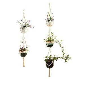 DODXIAOBEUL Plant Hanger, Double Plant Hanger Indoor Outdoor Hanging Planter,Hanging Plant Holder-Handmade Cotton Rope 4 Legs 2 Tier 49 3 Tier 68 (Supports 5 Flower Pots) 2 Pack