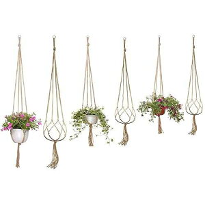Onwon 6 Pcs Macrame Plant Hanger Basket Liners with Country Style Natural Jute, Elegant for Home Garden, Patio and Office, Indoor & Outdoor Decoration(48, 41, 35)