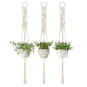 Mkono Macrame Plant Hangers Set of 3 Indoor Wall Hanging Planter Basket Flower Pot Holder Boho Home Decor 39 Inch, Ivory