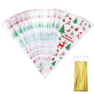 Tatuo 100 Pcs 6.7 x 13 Inch Christmas Cone Shaped Cellophane Bags Clear Cone Treats Bags with Twist Ties for Candy Popcorn Cookie Snack Baking Holiday Birthday Party Favors(White,Snowman)