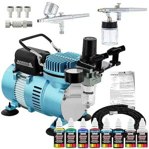 Master Airbrush Cool Runner II Air Brush Kit with Air Compressor Dual Fan, Gravity & Siphon Feed Airbrush Set, 6 Color Acrylic ts Primary Opaque Colors, How-To Guide Manual