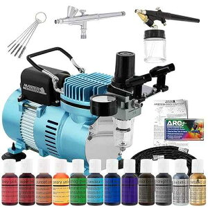 Master Airbrush Cool Runner II Airbrush Cake Decorating Kit with Dual Fan Air Compressor, 2 Airbrushes, 12 Color Chefmaster Food Coloring Set, Brushes & How-To Manual - Cake Airbrush Kit for Cupcakes