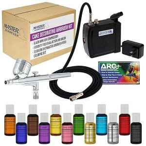 Master Airbrush Cake Decorating Airbrush Kit with Compressor, 12 Color Chefmaster Food Coloring Set, Gravity Feed Dual-Action Air Brush & How-to Manual - Cake Airbrush Kit for Cupcakes, Cookies