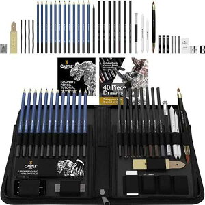 Castle Art Supplies 40 Piece Premium Drawing and Sketching Set with Tutorial / for Artists, Professionals or Beginners / Pencils, Charcoal, Graphite and More / in Neat Carry-Anywhere Zipper Case