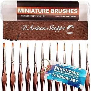 D'Artisan Shoppe Miniature t Brushes Set 12pc by D Artisan Shoppe, Fine Tip Detail Brush Set for Miniatures and Models, t by Numbers, Acrylic Watercolor Gouache Oil, Ergonomic Handles, Storage Case