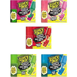 Juicy Drop Gum Sweet Bubble Gum 8 Count Pack of 16 with Sour Gel Applicator - Sweet & Sour Candy Variety in Assorted Fruity Flavors - Fun Candy For Birthdays, Parties, And Celebrations