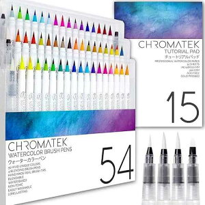CHROMATEK 54 Watercolor Pens Set Including 15 Page Pad & Online Video Tutorial Series 4 Aquapens & 50 Unique Colors Brush Pens Easily Blendable, Vivid, Smooth Professional Art Supplies