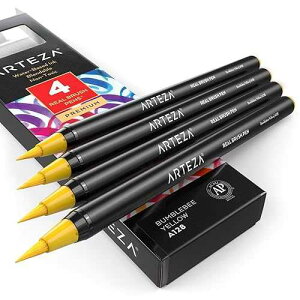 Arteza Real Brush Pens, A128 Bumblebee Yellow, Pack of 4, Watercolor Pens with Nylon Brush Tips, Art Supplies for Dry-Brush Painting, Sketching, Coloring & Calligraphy