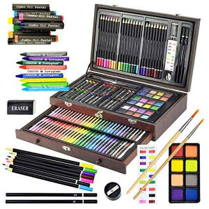 Sunnyglade 145 Piece Deluxe Art Set, Wooden Box & Drawing Kit with Crayons, Oil Pastels, Colored Pencils, Watercolor Cakes, Sketch Pencils, t Brush, Sharpener, Eraser, Color Chart (Cherry)