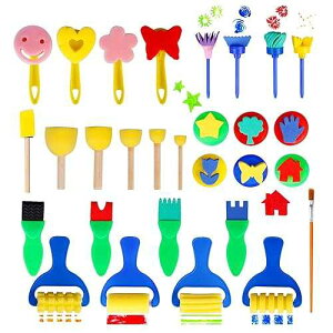 Hakkin 29 Pcs ting Brushes Set, Early Learning Sponge t Brush Set, Washable Mini Flower Craft ting Shapes Stamps Drawing Tools for Toddlers Art Supplies Gifts