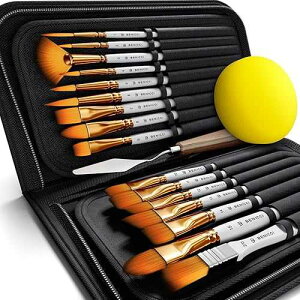 Benicci 18 Pieces Premium Artist t Brush Set - Includes Palette Knife, Sponge, Organizing Case - 16 ting Brushes for Kids, Adults & Professionals - Perfect for Watercolor, Oil, Acrylic ting Art
