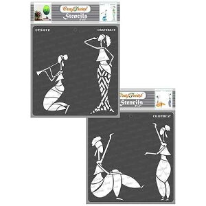 CrafTreat Reusable Woman Stencils for Painting on Wood, Canvas, Paper, Fabric, Wall and Tile - Enjoying Music and Holding Clock - 2 Pcs - 6x6 Inches Each - DIY Art and Craft Stencils for Home Decor