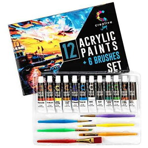 Creative Joy Acrylic Paint Set & Brushes - 12 Paints and 6 Brushes - Great for All Ages - Beginner to Expert - Washable - Indoor and Outdoor Use - Art Set