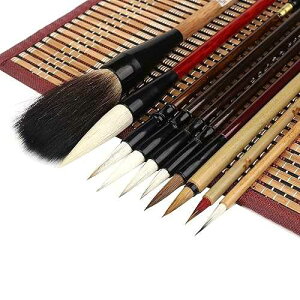 Corciosy 10PCS Chinese Calligraphy Brush Set, Writing Brush with Bamboo Storage Scoll, Japanese or Chinese Kanji Sumi-E Drawing Watercolor Brush