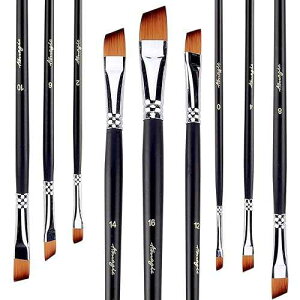 Amagic 9Pcs Angled Flat Tipped Art Paintbrush Set with Storage Container - Anti-Shedding Synthetic Nylon with Long Handle - Paint Brush for Watercolor, Acrylics, Ink, Gouache, Oil, Tempera