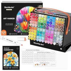 Shuttle Art 121 Colors Alcohol Markers, 120 Colors Dual Tip Art Marker Set Plus 1 Colorless Blender with Marker Case Perfect for Illustration Students Adult Coloring Sketching