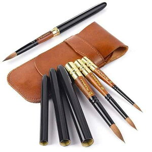 Travel Watercolor Brushes, Fuumuui 3Pcs Plein Air Elegant Sable Water Color Brushes with Pocket Size Leather Pouch Perfect for Watercolor Gouache Ink ting