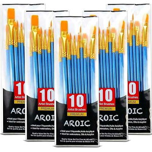 �A�N�����y�C���g�u���V�Z�b�g�A5�p�b�N/50�̃i�C�����w�A�u���V�A���\�����ʉ�A�[�e�B�X�g�v���t�F�b�V���i���L�b�g�p AROIC Acrylic t Brush Set, 5 Packs / 50 pcs Nylon Hair Brushes for All Purpose Oil Wat