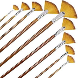 DUGATO Artist Fan Paint Brushes Set 9pcs - Soft Anti-Shedding Nylon Hair Wood Long Handle Paint Brush Set for Acrylic Watercolor Oil Gouche Painting