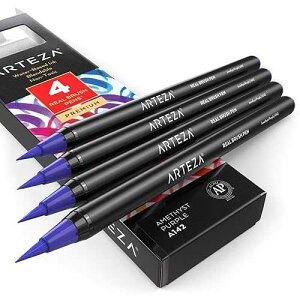 Arteza Real Brush Pens, A142 Amethyst Purple, Pack of 4, Watercolor Pens with Nylon Brush Tips, Art Supplies for Dry-Brush Painting, Sketching, Coloring & Calligraphy