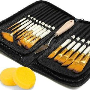 DUGATO 15pc Artist Paint Brush Set with Pop-Up Case, Palette Knife & Sponges - Nylon Hair for Acrylic, Oil, Watercolor, Gouache, Model & Craft Painting
