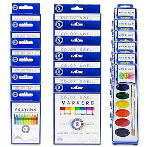 Color Swell Art Mixed Pack (6 packs of Washable Markers, 6 Watercolor ts, 6 packs of Regular Crayons) Perfect for Families, Classrooms, and Parties
