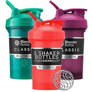 BlenderBottle Classic V2 Shaker Bottle Perfect for Protein Shakes and Pre Workout, 20-Ounce (3 Pack), Red, Green, Plum