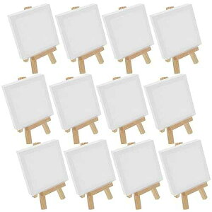 U.S. Art Supply 3 x 3 Stretched Canvas with 5 Mini Easel Kit (12 Pack) - Natural Wooden A-Frame Tabletop Display Stand, Mini Easel Stand - Small Easels for Display, Small Canvases, Crafts, Photos