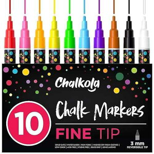 Chalkola 10 Fine Tip Liquid Chalk Markers for Blackboard, Chalkboard Signs, Window, Labels, Bistro, Glass, Car (10 Pack 3mm) - Wet Wipe Erasable Ink Chalkboard Markers, 3mm Reversible Tip Chalk Pens