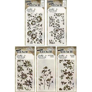 Tim Holtz - �X�e���V�� �Z�b�g 10 (�u�ԁv) - 5 �A�C�e�� �o���h�� - �o���A�ԁA�ԁA�|�C���Z�`�A�A���C���h�t�����[ Tim Holtz - Stencils Set 10 (F) - Five Item Bundle - Roses, Floral, Blossom, Poinsettia, and Wildflowe