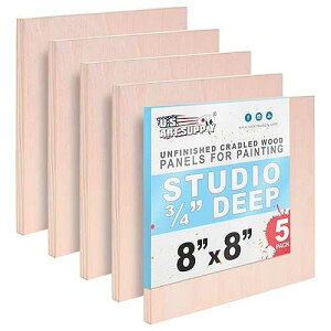 U.S. Art Supply 08 x 08 Unfinished Cradled Wood Panels for Painting, Studio 3/4 Deep (5 Pack) - Artist Depth Birch Wooden Wall Canvases - Mixed-Media Craft, Acrylic, Oil, Encaustic, Paint Pouring
