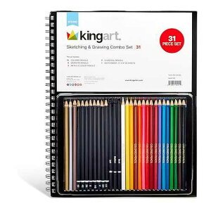 KINGART Drawing & Sketching ART PENCIL SET with Sketch Pad, 31 Pc. Graphite, Charcoal & Colored Pencils, All Skill Levels including Beginner, 31 Pc.