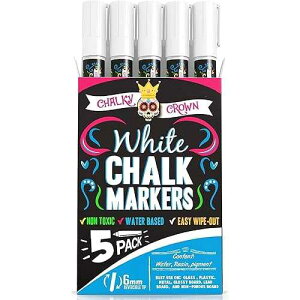 CHALKY CROWN Liquid Chalk Marker Pen - White Drawing Chalk - Chalkboard Markers for Chalkboard Signs, Windows, Blackboard, Glass - 6mm Reversible Tip (5 Pack)