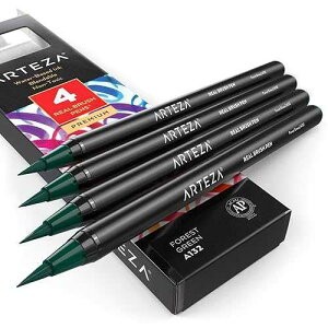 Arteza Real Brush Pens, A132 Forest Green, Pack of 4, Watercolor Pens with Nylon Brush Tips, Art Supplies for Dry-Brush Painting, Sketching, Coloring & Calligraphy