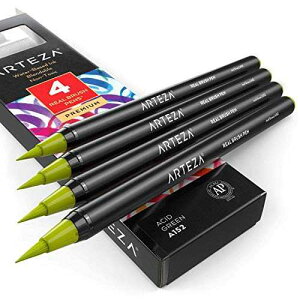 Arteza Real Brush Pens, A152 Acid Green, Pack of 4, Watercolor Pens with Nylon Brush Tips, Art Supplies for Dry-Brush Painting, Sketching, Coloring & Calligraphy
