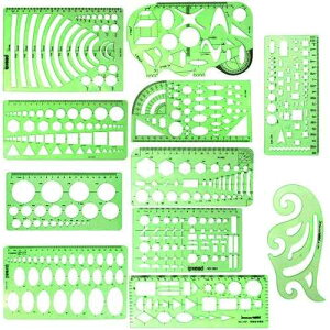 ipxead 11 Piece Geometric Drawing Template Measuring Ruler, Transparent Green Plastic Ruler with Portable Plastic Bag for, for Studying, Designing and Building