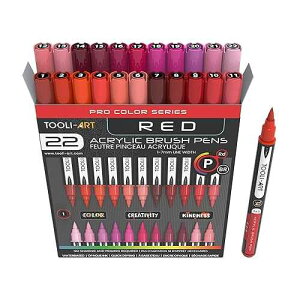 TOOLI-ART 22 Flexible Brush Tip Acrylic Paint Pens Markers Set 1-7mm Line for Rock Painting, Glass, Mugs, Wood, Metal, Canvas, Plastic. Non Toxic Waterbased Quick Drying Assorted Red