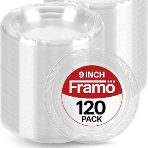 Framo Disposable Clear Plastic Plates In Bulk for Party and Dinner,And For Any Occasion, Microwaveable, BBQ, Travel, and Events (9 Inch 120 Count)