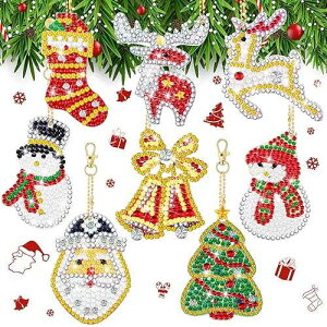 Hicarer 8 Pcs Diamond Art Christmas Ornaments Christmas Diamond ting Ornaments 5d DIY ting Keychain Kits Xmas Hanging t Kits Santa, Snowman, Elk, Stockings for Adults Crafts Family Decor