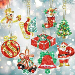 Hicarer 9 Pcs Diamond Art Christmas Ornaments Double Sided 5d DIY Christmas Diamond ting Keychain Kits for Adults DIY Key Ring Art Pendant Xmas Tree for Xmas Holiday Decor